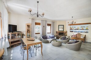 電視、壁爐、DVD 播放機、書籍