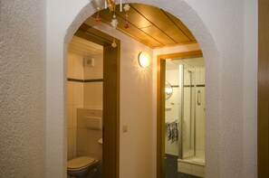 Regadera, secadora de cabello, toallas, papel de baño 