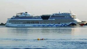 A large cruise ship with multiple decks and a prominent logo on the bow. - Best of Kollmar, app. with terrace for 2 pers. absolutely quiet - Best of Kollmar, (Kollmar)