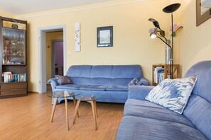 Un salon avec un canapé bleu, une table basse en verre et une bibliothèque.