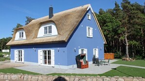 A blue house with a thatched roof, white shutters, and a small outdoor seating area.