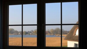 A window with a view of a lake, a thatched-roof building, and a field.