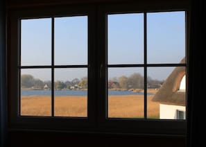 A window with a view of a lake, a thatched-roof building, and a field.