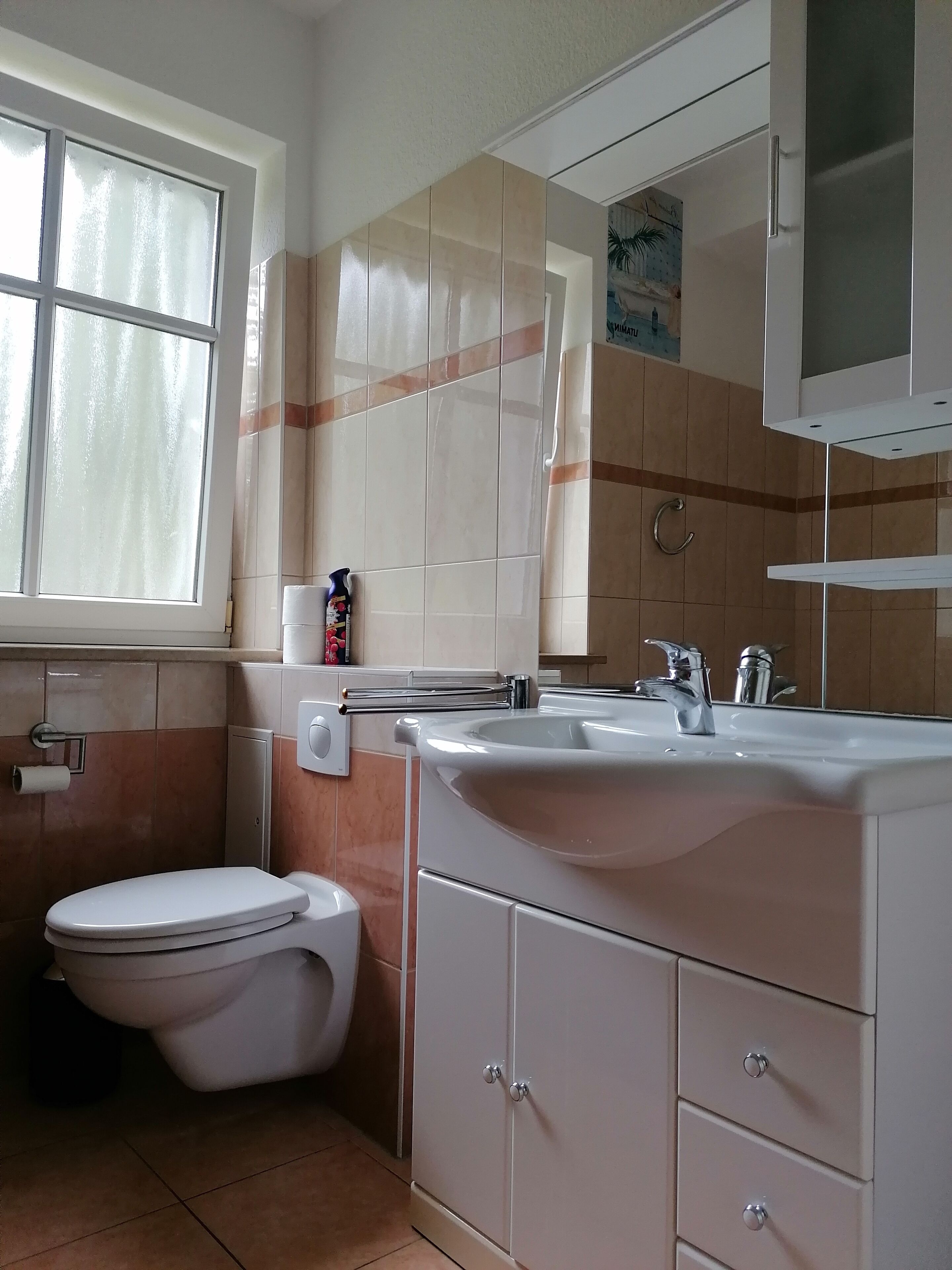Ein Badezimmer mit Toilette, Waschbecken, Spiegel und Fenster.
