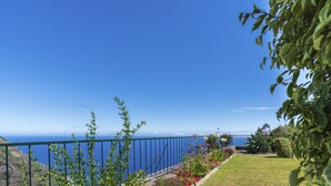 Un balcón con vista al mar, barandilla metálica y jardín con diversas plantas y flores.