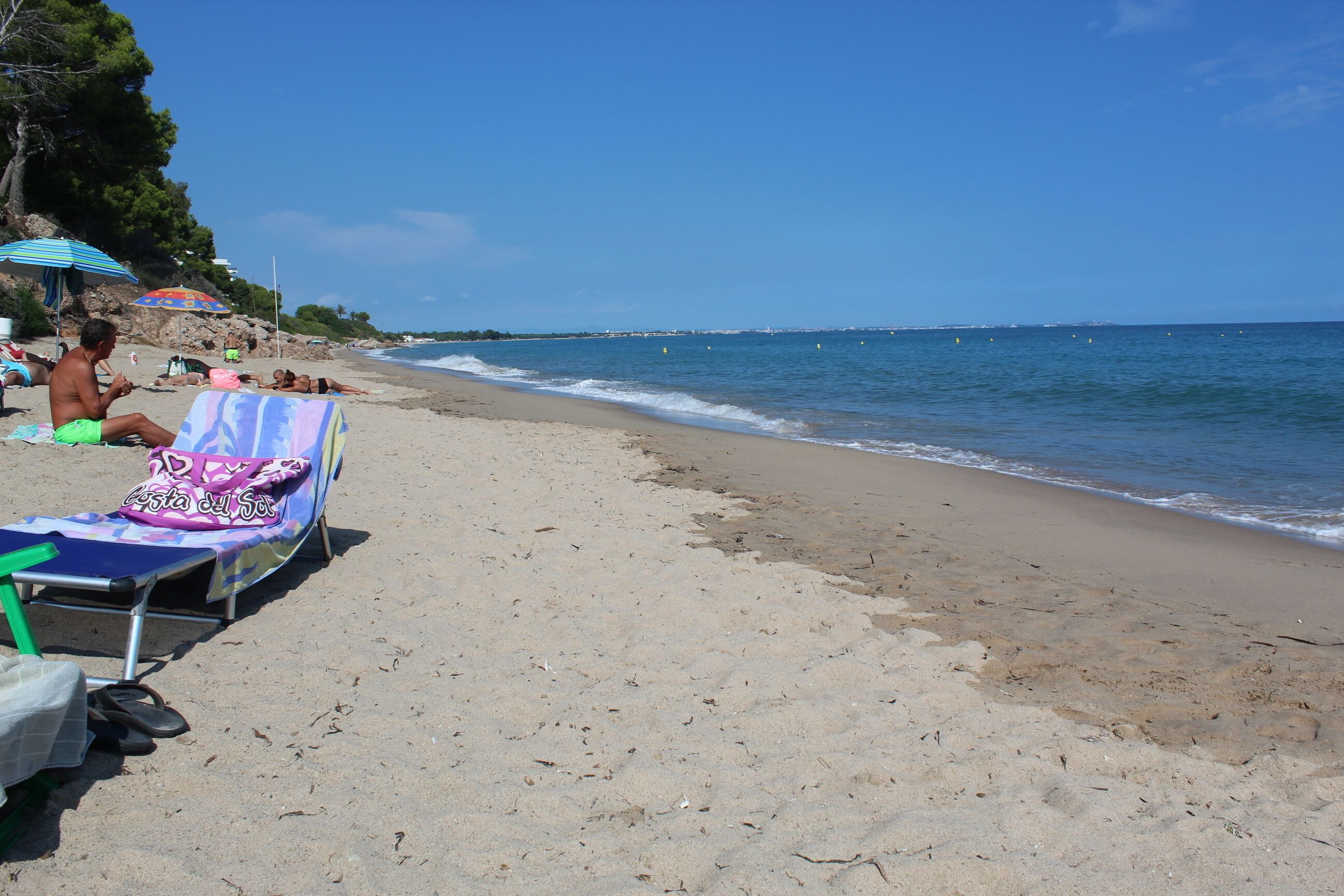 Une plage bordée d’une rangée de transats et de parasols, un ciel dégagé et l’océan en toile de fond.