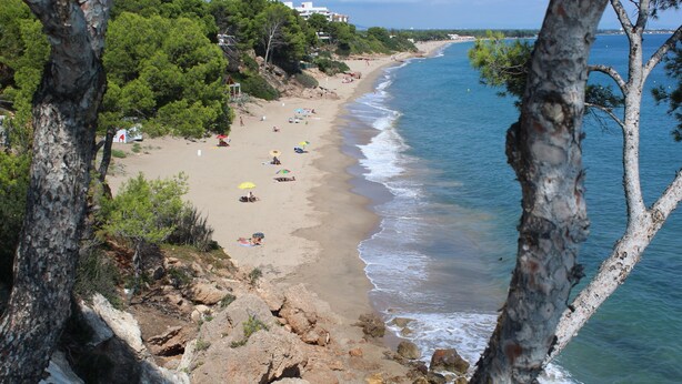 A beach with rocky terrain and a sandy shore, surrounded by trees and a clear view of the sea. - Family-friendly bungalow complex with a lot of green and a large pool (Miami Playa)