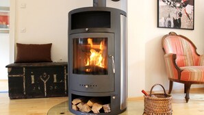 Un poêle à bois moderne doté d’une porte en verre, d’un compartiment de rangement pour le bois situé en dessous, ainsi que d’un fauteuil confortable et d’un coussin dans la pièce.
