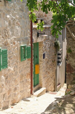 Un estrecho callejón de piedra con una puerta y contraventanas verdes, que conduce a un edificio con un ventanal y un pequeño escalón.