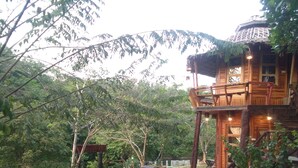 Une cabane en bois dotée d’un balcon, entourée d’arbres et bordée d’un sentier de terre.