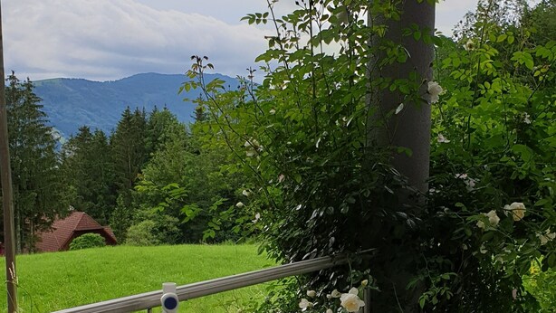Un balcon doté d’une rambarde en métal, d’un pilier en béton et offrant une vue sur des champs verdoyants et des montagnes au loin.