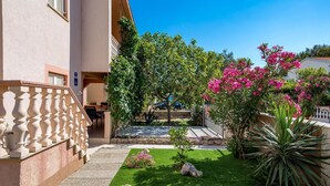 A courtyard with a small lawn, a stone wall, and a variety of plants including bougainvillea and agave. - Gorgeous apartment in Povljana with WiFi (Povljana)