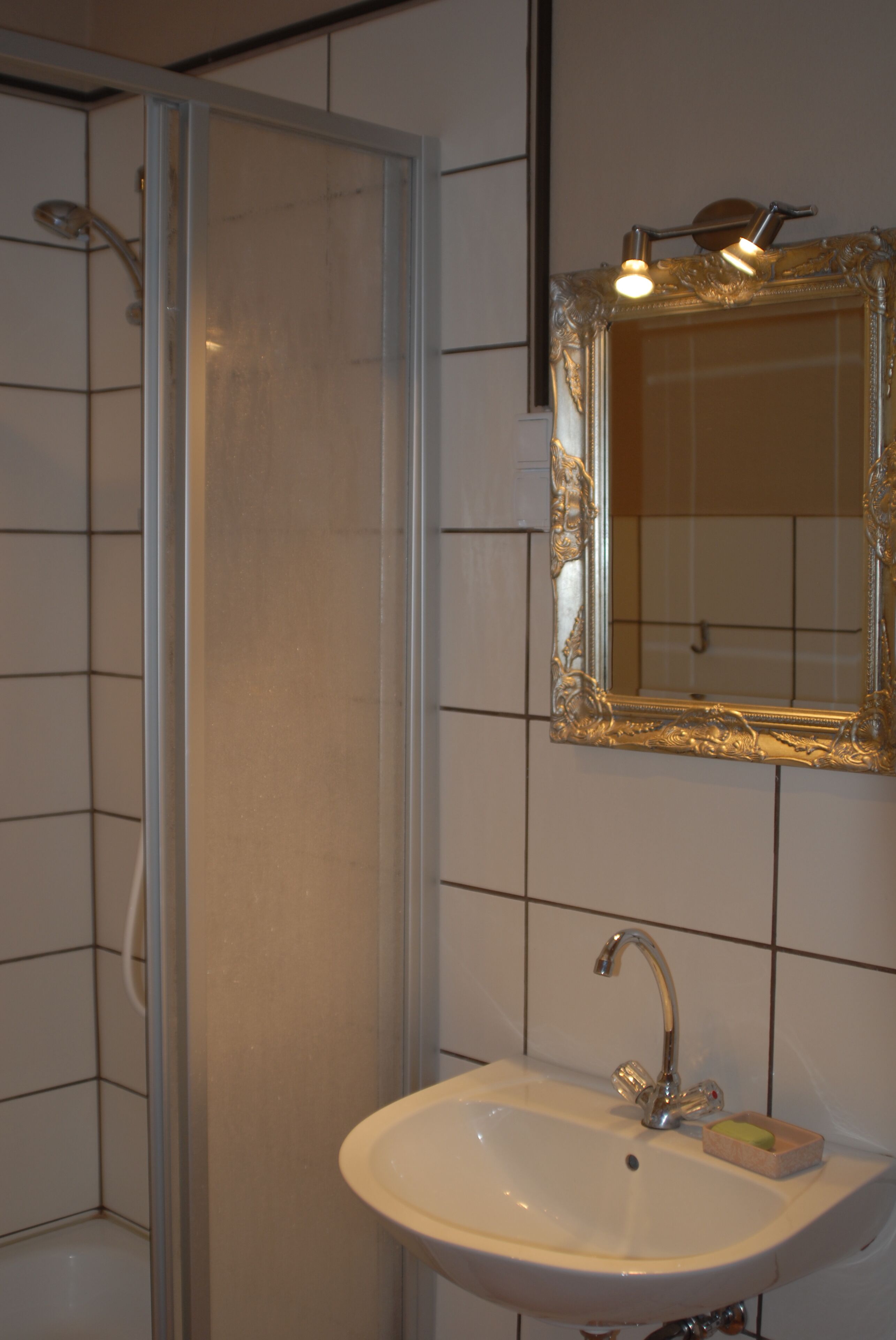 Ein Badezimmer mit Dusche, Waschbecken und einem Spiegel mit aufwendiger Rahmenornierung.