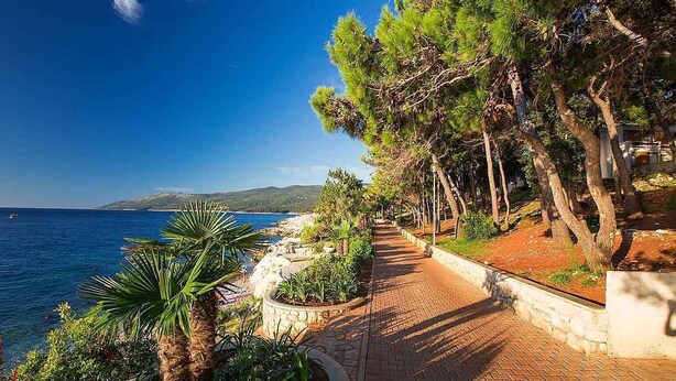Ein gepflasterter Weg entlang der Küste mit Bäumen und Blick auf das Meer.