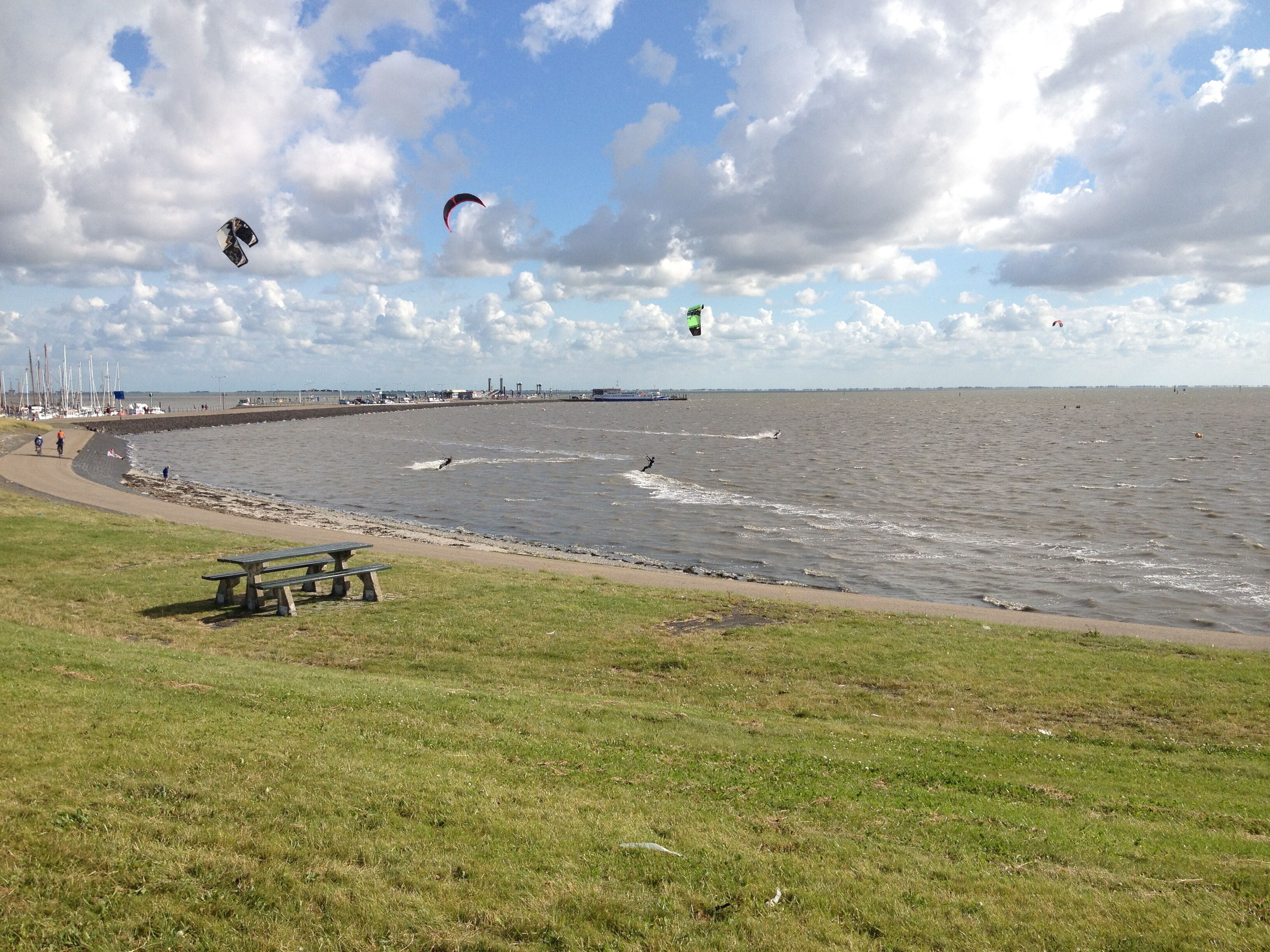 Een kustgebied met een grasveld voor, een picknicktafel en een uitzicht op zee, met mensen en vlieger(s) op de achtergrond.