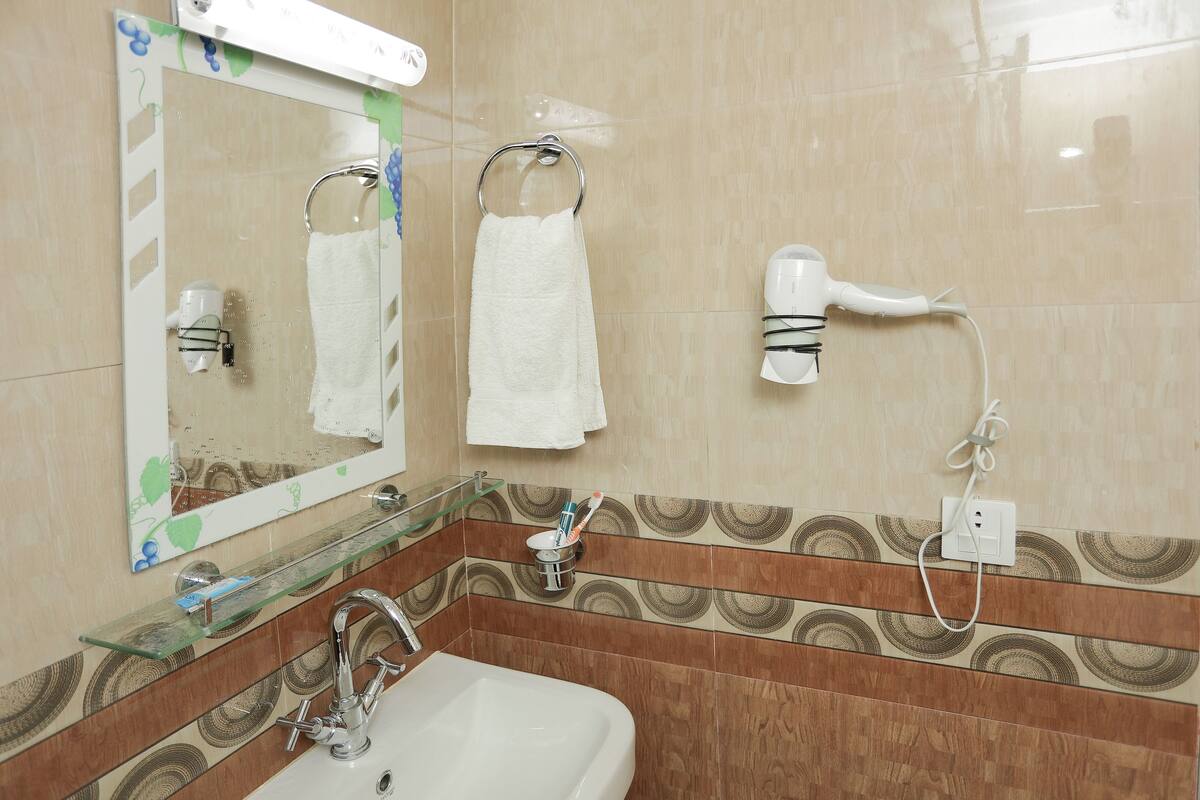 A bathroom with a sink, mirror, towel rack, and hairdryer.