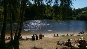 A lakeside setting with people relaxing on the shore, boats, and trees.