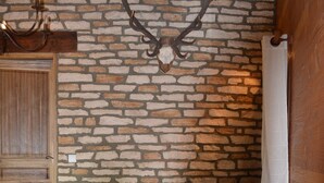A room with a stone wall, a wooden door, a green sofa with colorful cushions, and a deer antler mounted on the wall. - CHARMING HOUSE ON THE EDGE OF CEVENNES NATIONAL PARK (Meyrueis)