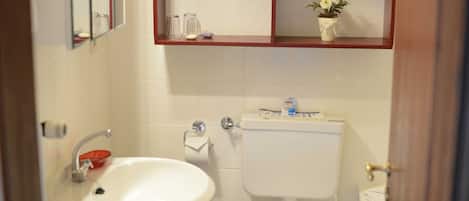 Hair dryer, towels, toilet paper