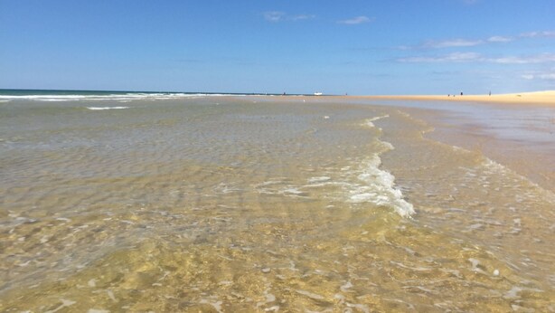 Una playa con aguas transparentes y poco profundas y una orilla arenosa.