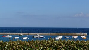 Un port amb diverses embarcacions amarrades al moll, envoltat de vegetació.