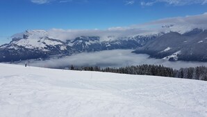A snowy mountain landscape with a clear sky and a forested area in the foreground. - Beautiful T2 comfortable near the ski slopes (Saint-Gervais-les-Bains)