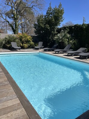 Una piscina rectangular con borde de madera, rodeada de sillones de descanso y plantas tropicales.