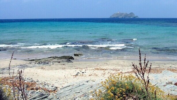 Una playa con agua turquesa cristalina, costa rocosa y vegetación escasa.
