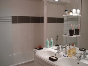 Combined shower/bathtub, hair dryer