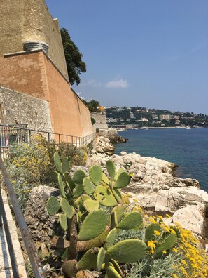 Vista costera con un litoral rocoso, cactus y un edificio con muro de piedra.
