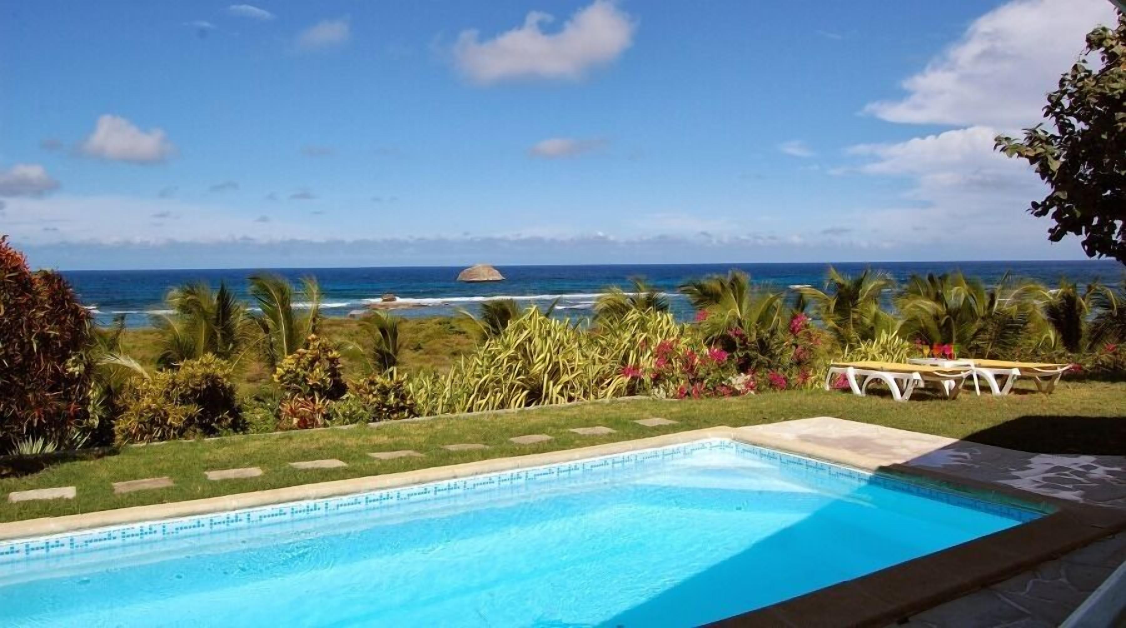 A swimming pool with a view of the ocean and tropical vegetation.