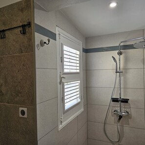 Combined shower/bathtub, hair dryer, towels, soap