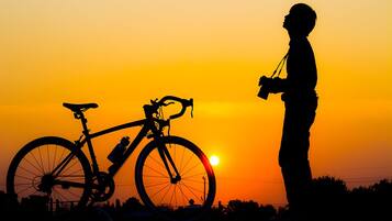 Silueta de una persona de pie junto a una bicicleta al atardecer.