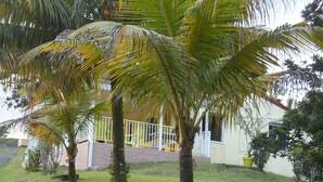 A residential area with a house featuring a white balcony, surrounded by palm trees and grass. - Villa F3 in SAINTE-MARIE (SAINTE-MARIE)