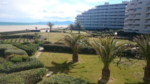Un jardín ajardinado con palmeras, un sendero y vistas a la playa y al océano.