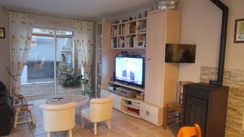 Televisie, een dvd-speler, boeken en een stereo