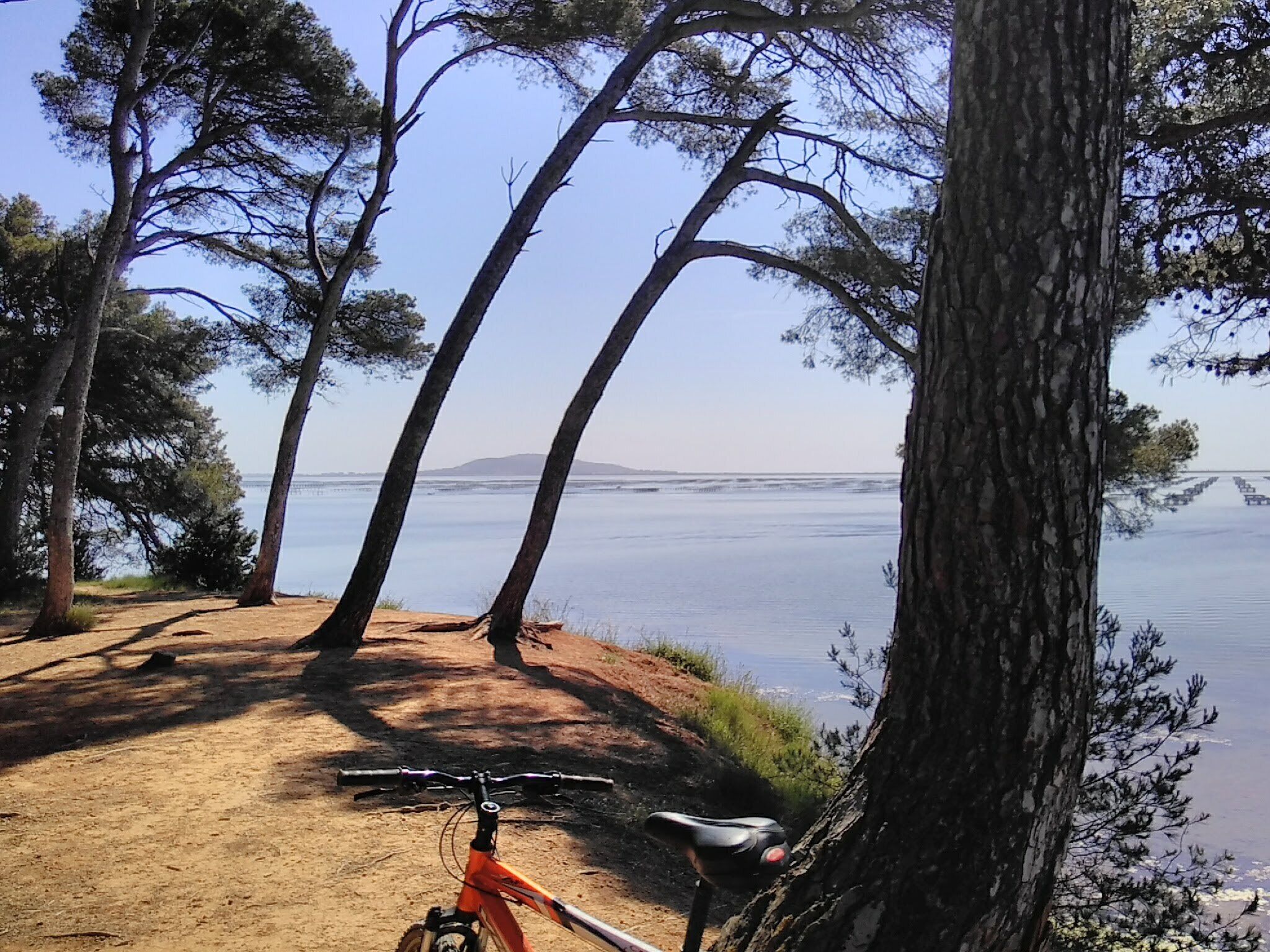 A bicycle parked on a dirt path with a view of a calm lake and trees in the background.