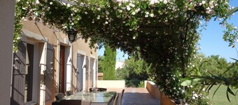 ブドウ畑と村の間のアヴィニョン近くの美しいプロヴァンスバスティード