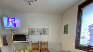 A compact living space with a kitchenette, a grey sofa, wooden chairs, a microwave, and a television. - COQUET STUDIO FEET OF THE TRACKS WELL EQUIPPED EXCEPTIONAL !!! ! (Risoul)