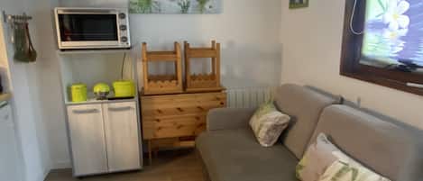 A compact living space with a kitchenette, a grey sofa, wooden chairs, a microwave, and a television.