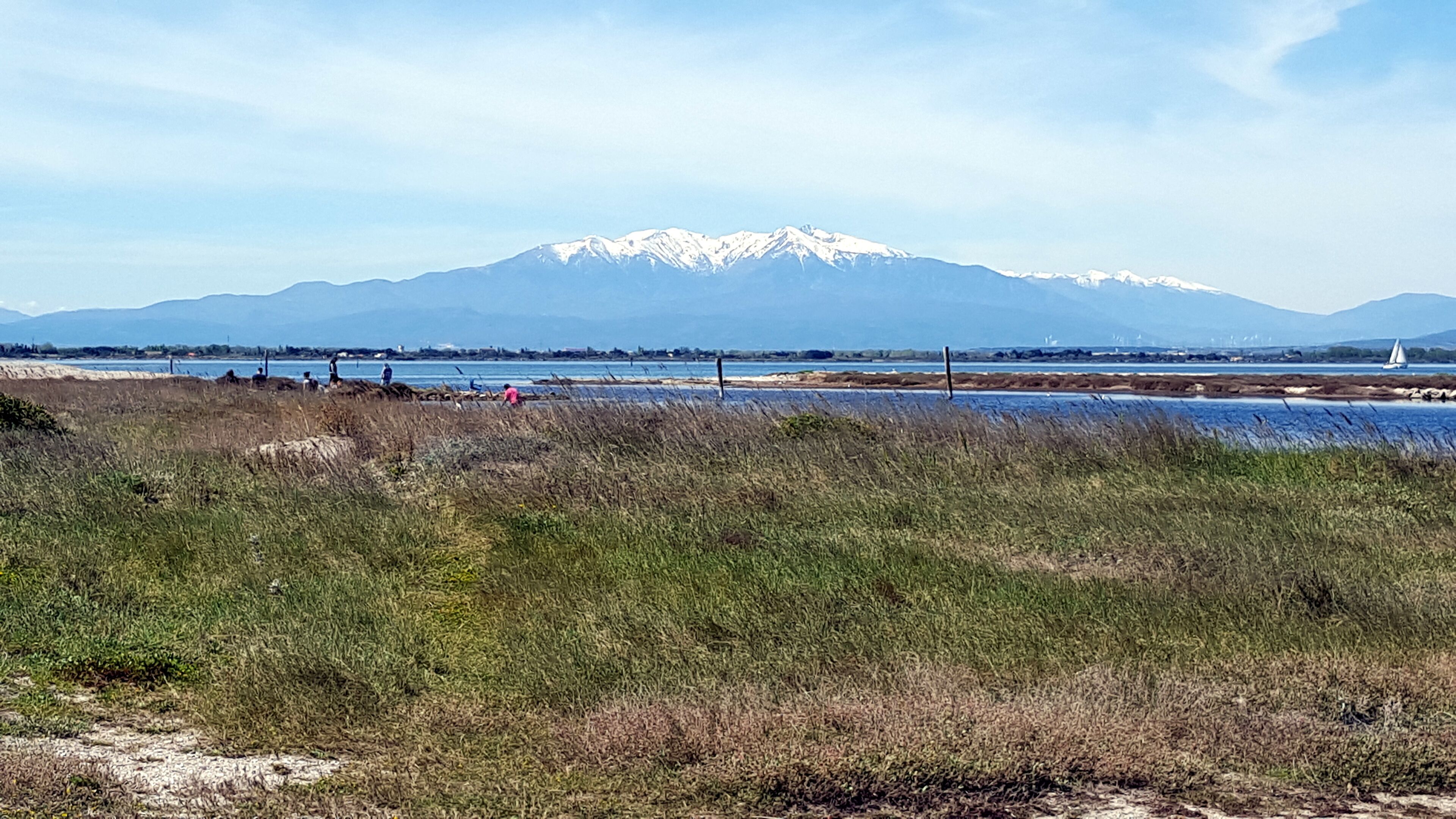 A coastal landscape with a mountain range in the background, grassy fields in the foreground, and a body of water with a sailboat.