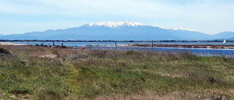 A coastal landscape with a mountain range in the background, grassy fields in the foreground, and a body of water with a sailboat.