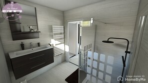 Douche, sĂšche-cheveux, serviettes fournies, savon