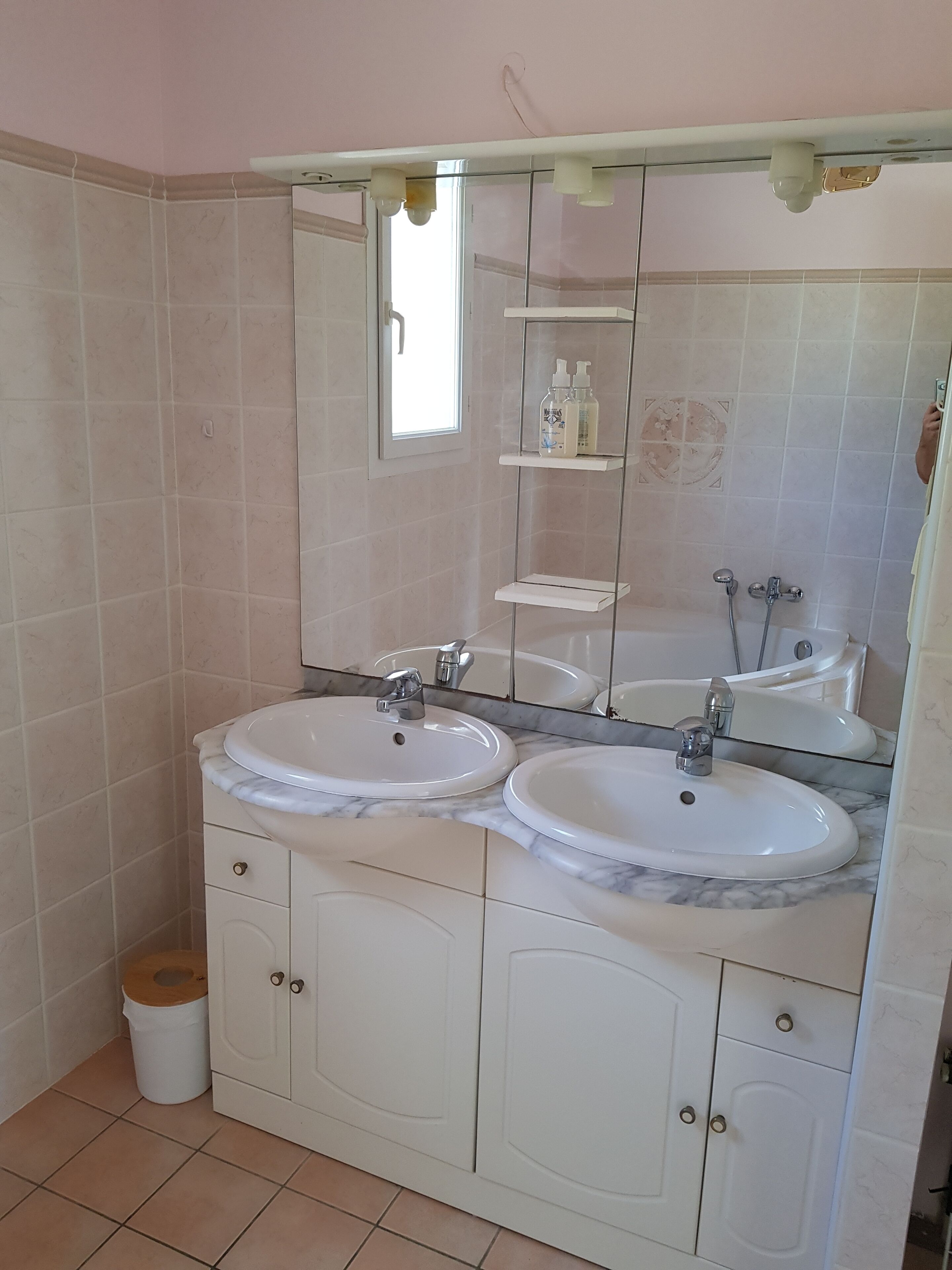Un baño con dos lavamanos, un espejo y un inodoro.