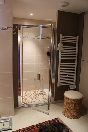 Dusche, Haartrockner, Handtücher, Seife