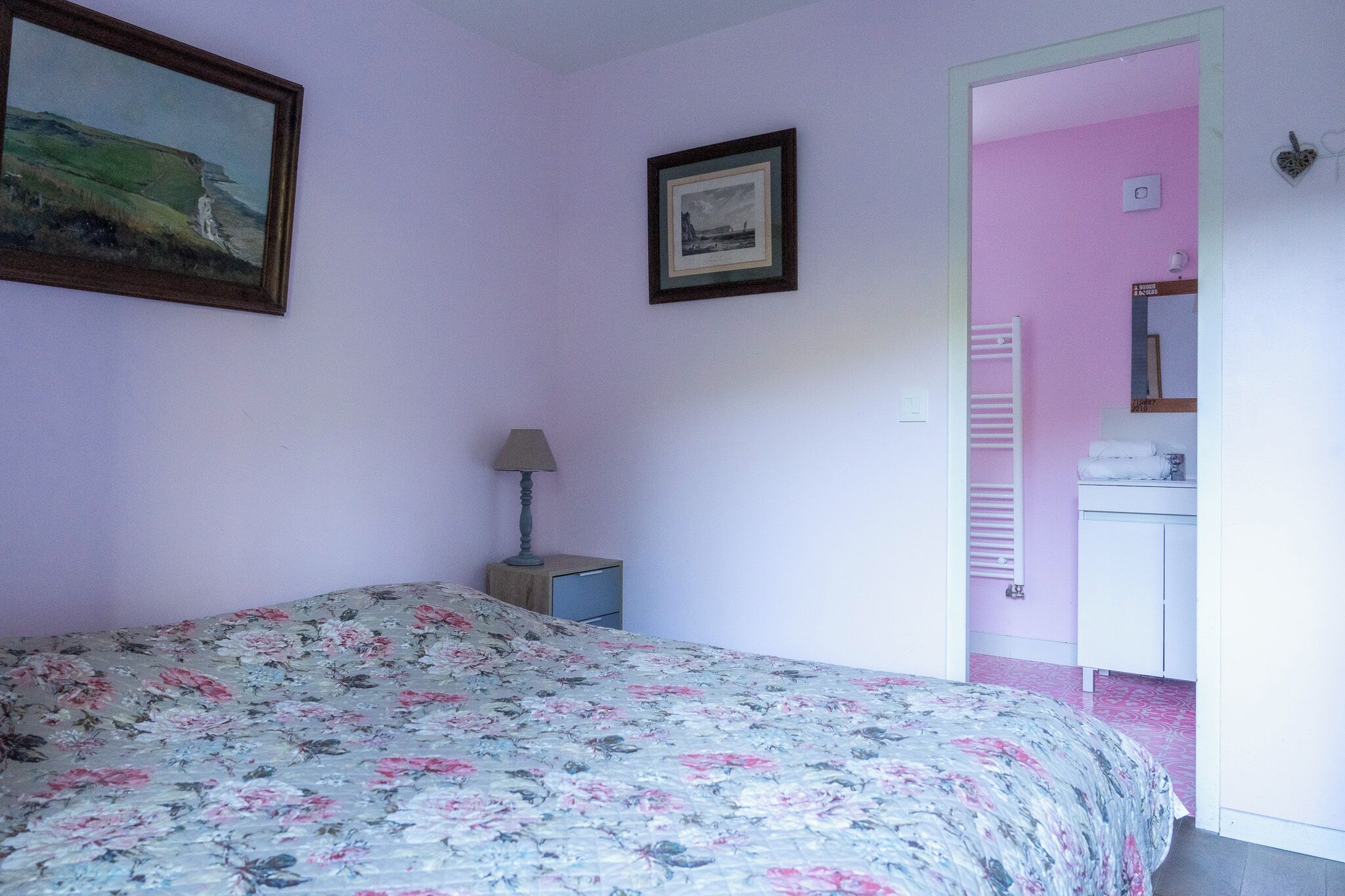 A bedroom with a floral bedspread, a nightstand with a lamp, a framed picture on the wall, and a pink wall.