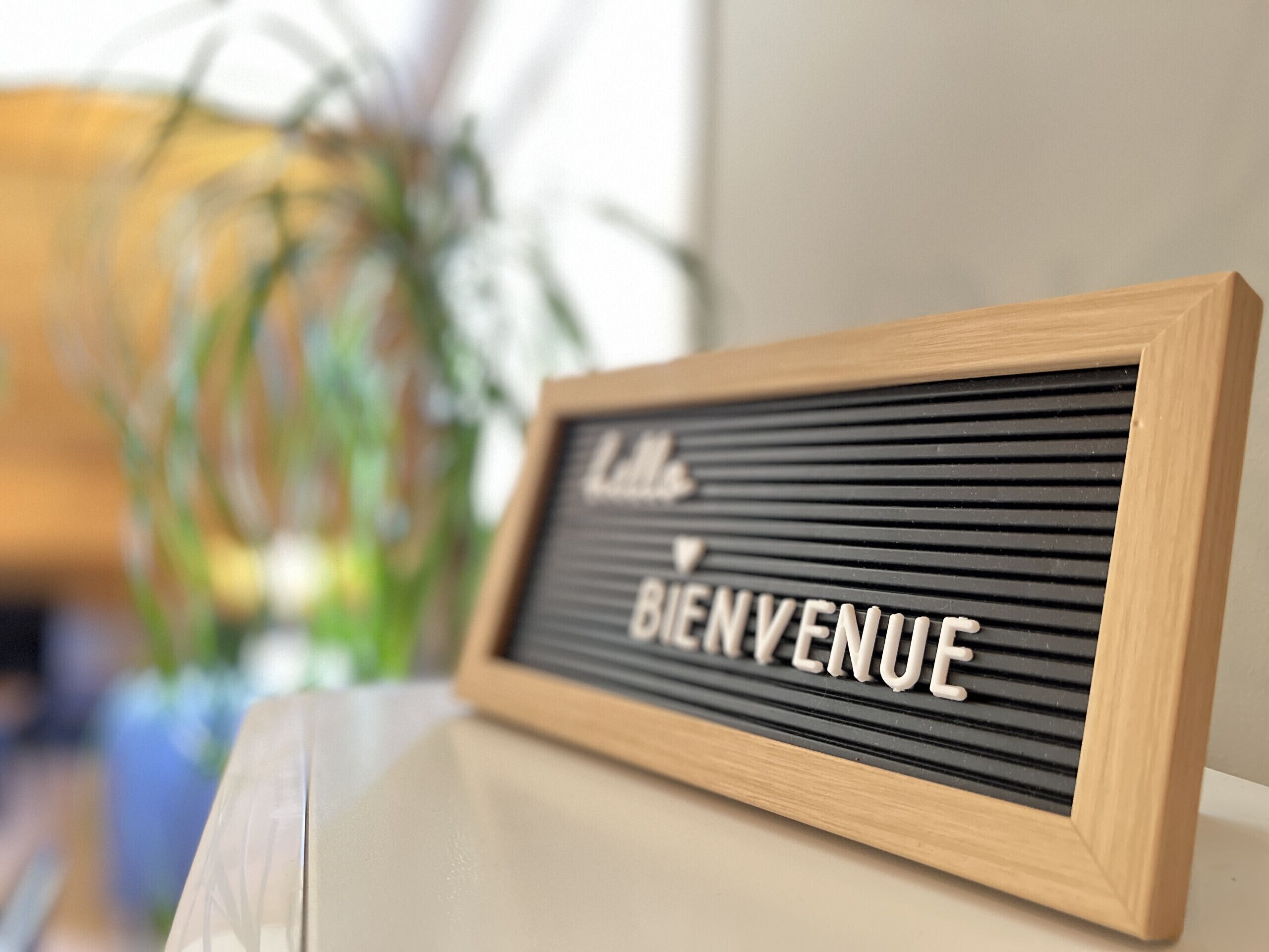 Een houten bord met daarop de tekst 'Bienvenue' tegen een zwarte achtergrond.