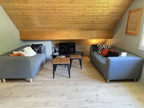 A loft-style living room with two grey sofas, a wooden coffee table, and a television.