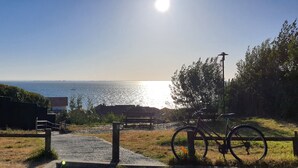 Ein Weg führt zu einer Bank mit Blick auf ein Gewässer, in dessen Nähe ein Fahrrad steht.