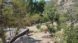 A rocky landscape with trees and a wooden walkway.